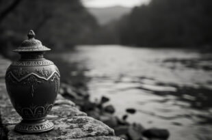 Ceramic urn positioned on stone riverbank beside flowing water with natural landscape background