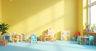 Nursery classroom with paired chairs, colorful toys, and children's learning materials arranged on tables
