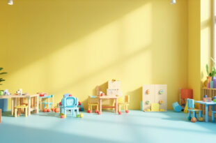 Nursery classroom with paired chairs, colorful toys, and children's learning materials arranged on tables