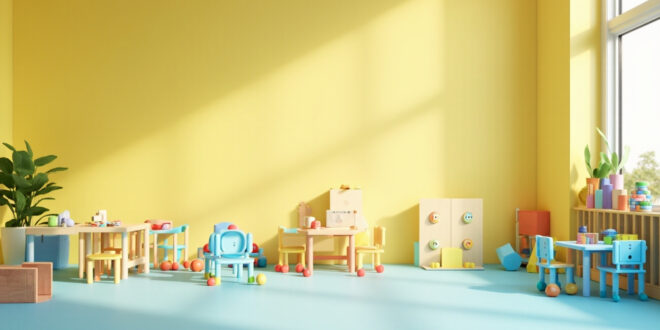 Nursery classroom with paired chairs, colorful toys, and children's learning materials arranged on tables