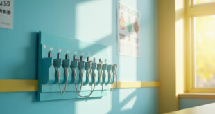 Empty phone storage organizer mounted on classroom wall with numbered slots and charging cables