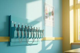 Empty phone storage organizer mounted on classroom wall with numbered slots and charging cables