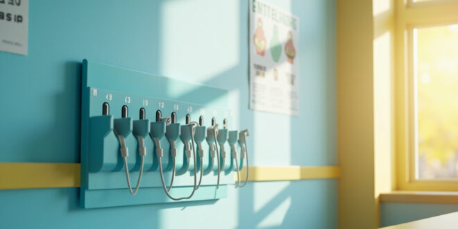 Empty phone storage organizer mounted on classroom wall with numbered slots and charging cables