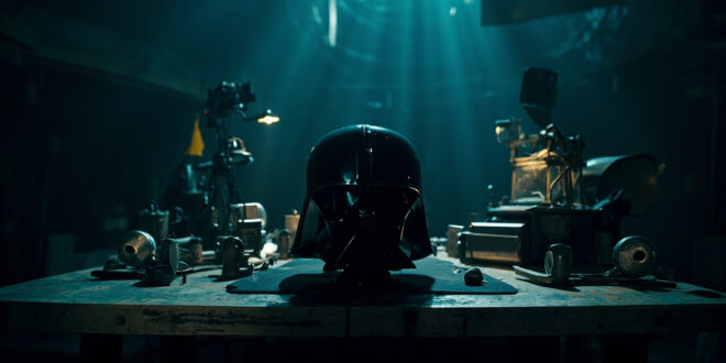 Dark helmet prop and vintage film equipment arranged on movie studio table under dramatic lighting