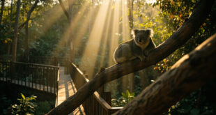 Koala on eucalyptus branch in sunlit Australian zoo habitat with wooden boardwalks