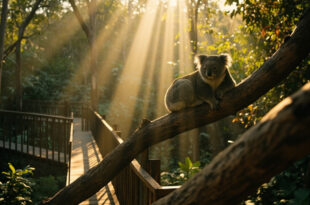 Koala on eucalyptus branch in sunlit Australian zoo habitat with wooden boardwalks