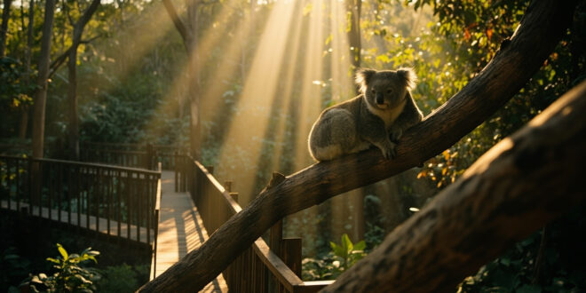 Koala on eucalyptus branch in sunlit Australian zoo habitat with wooden boardwalks