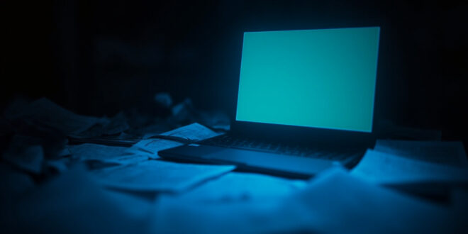 Empty laptop screen glowing in dark room with legal documents scattered on desk surface