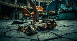 Broken safety harness and scattered maintenance tools on concrete floor of empty amusement park facility