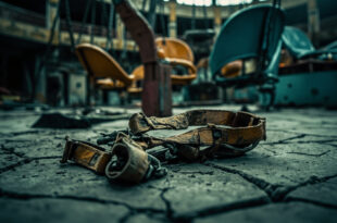 Broken safety harness and scattered maintenance tools on concrete floor of empty amusement park facility
