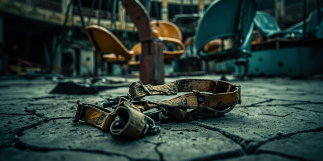 Broken safety harness and scattered maintenance tools on concrete floor of empty amusement park facility