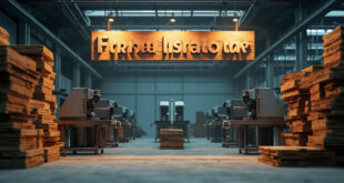 Silent packaging machinery and empty cardboard production floor in industrial facility