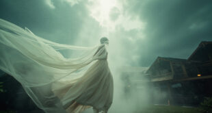 White wedding veil billowing dramatically in strong winds against dark storm clouds over mountain landscape