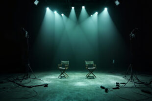 Two separated director chairs on dark television studio set with broken lighting equipment and tangled cables