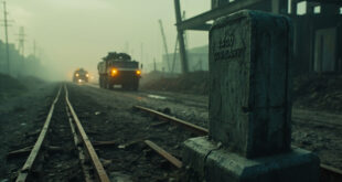 Concrete border marker post stands on empty road leading into industrial region with power lines in background