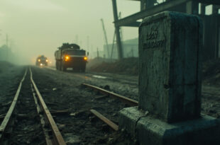 Concrete border marker post stands on empty road leading into industrial region with power lines in background
