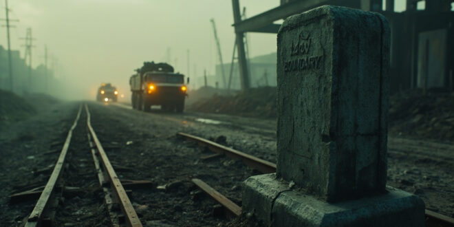 Concrete border marker post stands on empty road leading into industrial region with power lines in background