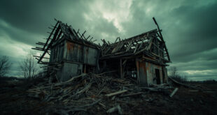 Destroyed house roof with exposed wooden beams and debris scattered around foundation in rural setting
