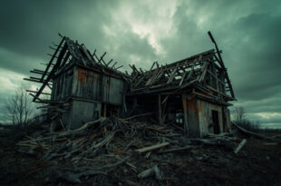 Destroyed house roof with exposed wooden beams and debris scattered around foundation in rural setting