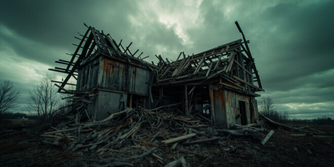 Destroyed house roof with exposed wooden beams and debris scattered around foundation in rural setting