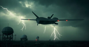 Military drone flying through dark cloudy sky above radar installations and defense systems