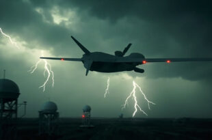 Military drone flying through dark cloudy sky above radar installations and defense systems