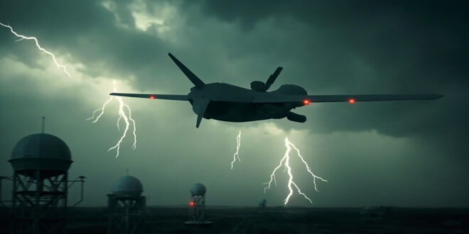 Military drone flying through dark cloudy sky above radar installations and defense systems