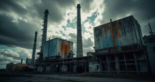 Industrial landscape with smokestacks and heavy machinery under dark threatening sky in eastern Ukraine