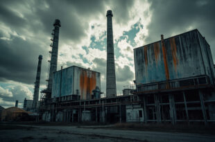 Industrial landscape with smokestacks and heavy machinery under dark threatening sky in eastern Ukraine