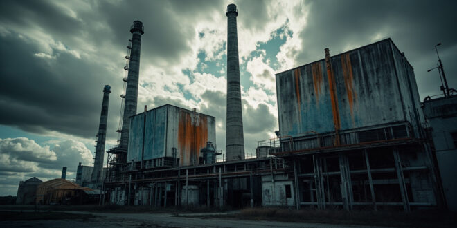 Industrial landscape with smokestacks and heavy machinery under dark threatening sky in eastern Ukraine