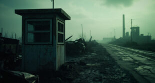 Abandoned border checkpoint with industrial smokestacks and military vehicles in misty landscape