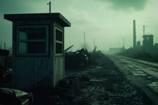 Abandoned border checkpoint with industrial smokestacks and military vehicles in misty landscape
