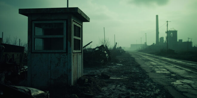 Abandoned border checkpoint with industrial smokestacks and military vehicles in misty landscape