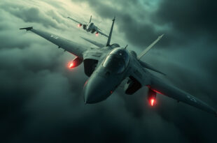 Two fighter aircraft flying through stormy Baltic Sea skies with dark threatening clouds overhead