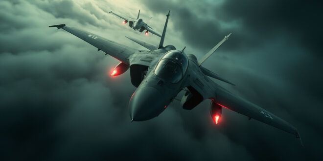 Two fighter aircraft flying through stormy Baltic Sea skies with dark threatening clouds overhead
