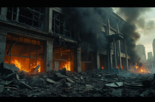 Smoke rises from damaged government building with broken windows and fire damage in urban setting