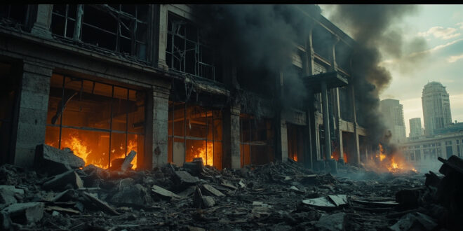 Smoke rises from damaged government building with broken windows and fire damage in urban setting