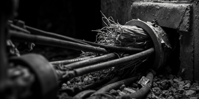 Severed railway signal cables protruding from concrete underground junction box with cut wire ends visible