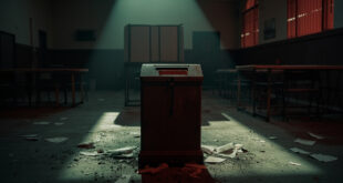Empty voting booth with ballot box and scattered papers in dimly lit community hall