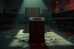 Empty voting booth with ballot box and scattered papers in dimly lit community hall