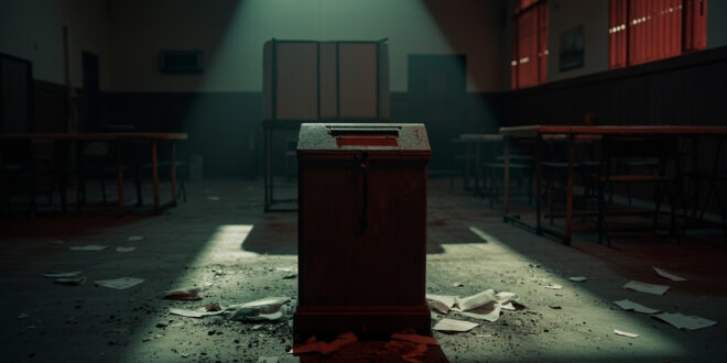 Empty voting booth with ballot box and scattered papers in dimly lit community hall