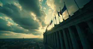 Dark storm clouds looming over European government buildings with EU flags in dramatic lighting