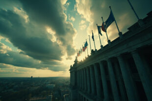 Dark storm clouds looming over European government buildings with EU flags in dramatic lighting