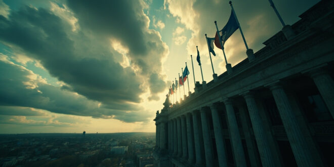 Dark storm clouds looming over European government buildings with EU flags in dramatic lighting