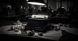 Crumpled blank papers scattered around old typewriter on dark wooden desk in empty newsroom