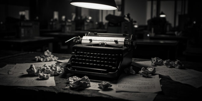 Crumpled blank papers scattered around old typewriter on dark wooden desk in empty newsroom