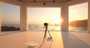 Empty TV studio with camera equipment and coastal view through windows, script pages on floor