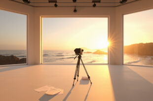 Empty TV studio with camera equipment and coastal view through windows, script pages on floor