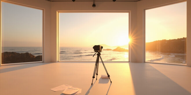 Empty TV studio with camera equipment and coastal view through windows, script pages on floor