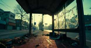 Empty damaged bus shelter with shattered glass and scattered personal items at urban intersection